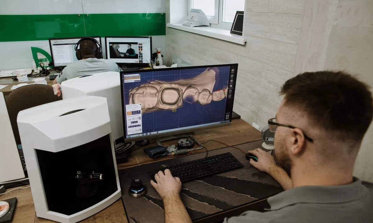 CAD ekranında dental ark üzerinde çalışan laboratuvar teknisyeni