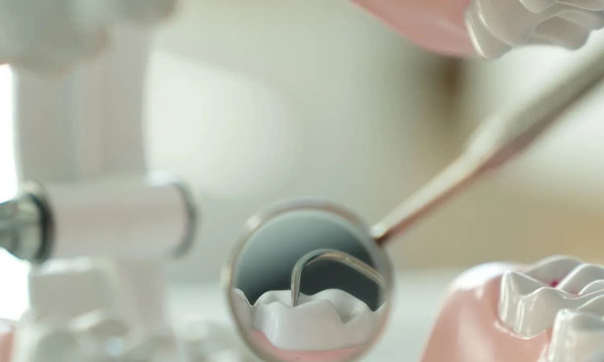 Dental ayna, çalışma modeli ve klinik araçların yakın görünümü